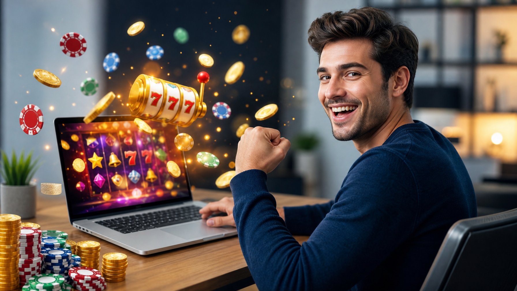 Seorang dewasa muda duduk di depan laptop dengan grafik permainan slot yang cerah, dikelilingi oleh koin emas dan chip kasino, menunjukkan suasana kemenangan dan bonus.
