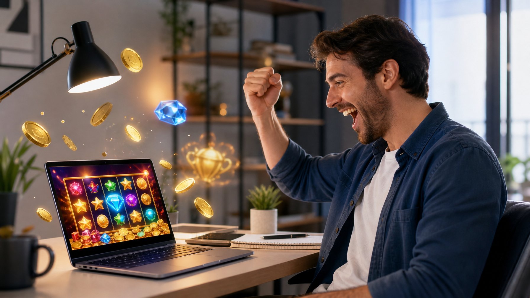 Seorang pria dewasa merayakan kemenangan saat bermain game slot online di laptop di ruang kerja modern.