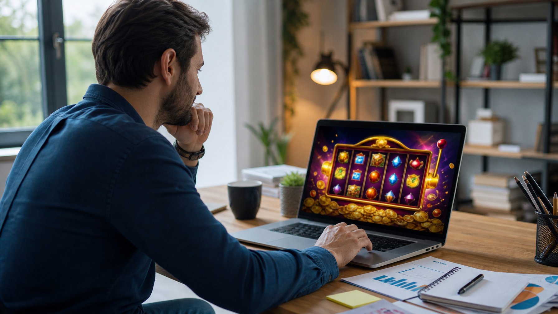 Seorang pria duduk di meja dengan laptop yang menampilkan permainan slot online, terlihat fokus dan serius.