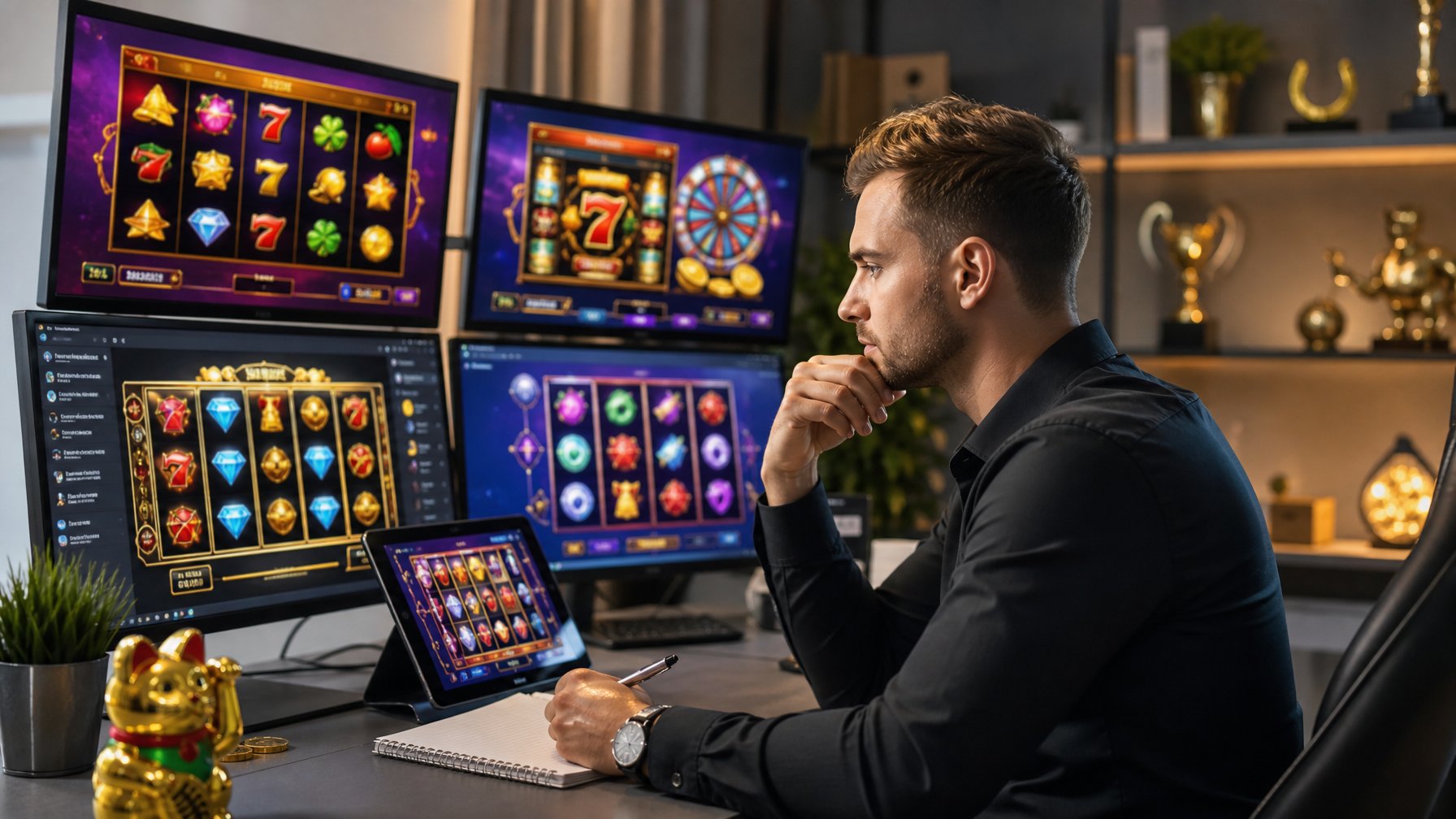 Seorang dewasa muda duduk di meja dengan beberapa layar komputer menampilkan permainan slot online, fokus dan serius menganalisis strategi untuk menang jackpot.