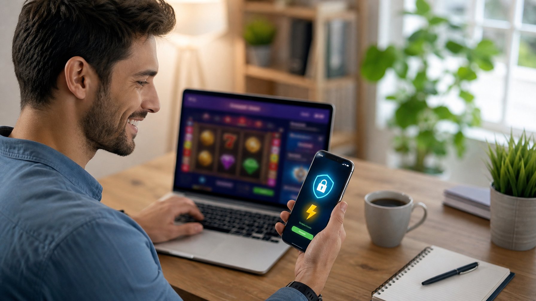 Seorang dewasa muda menggunakan laptop dan smartphone di ruang kerja rumah yang modern, menunjukkan proses deposit online yang cepat dan aman untuk permainan slot.