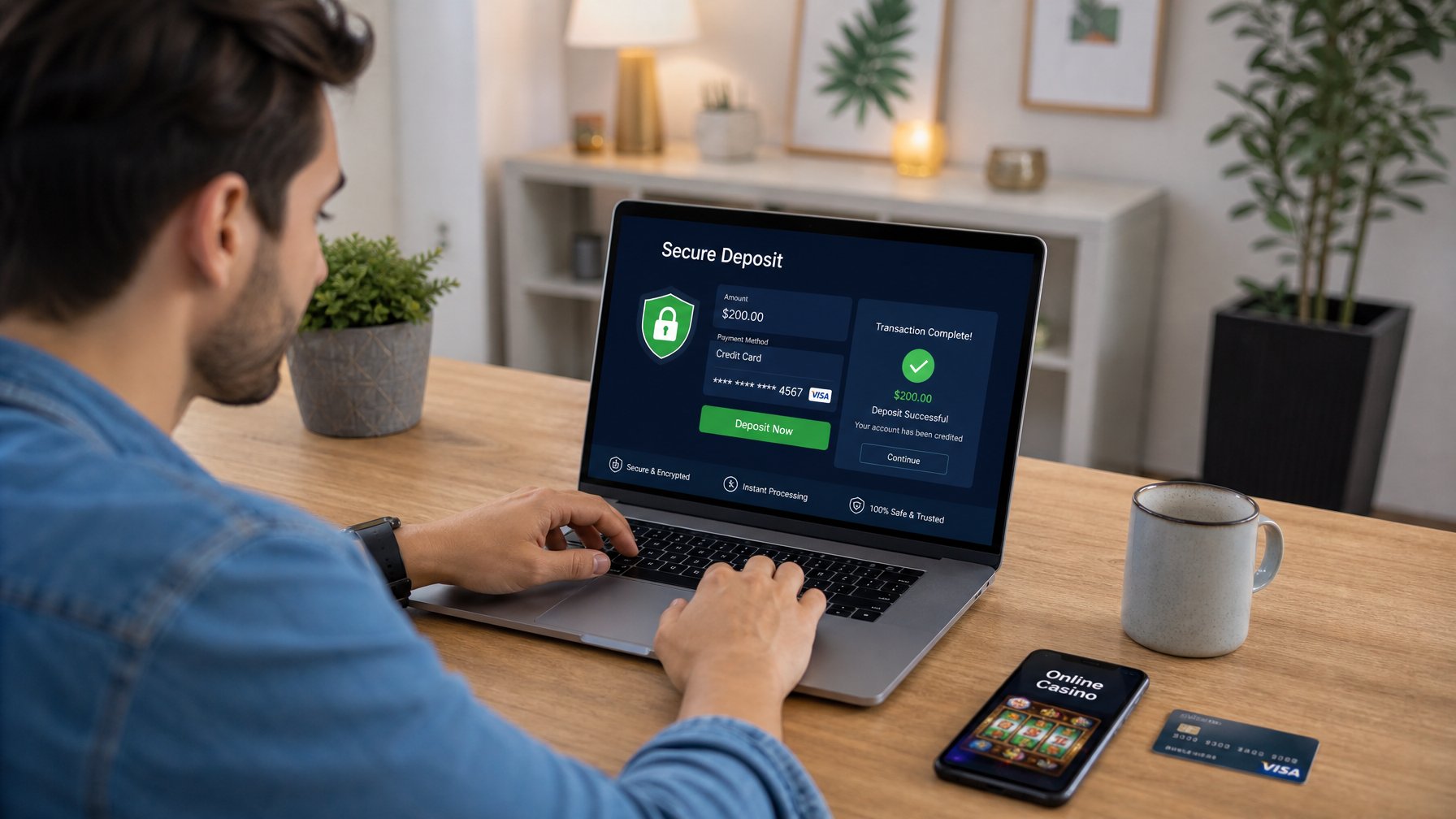 Seorang dewasa muda sedang menggunakan laptop di meja kerja modern dengan ponsel dan kartu kredit di dekatnya, menunjukkan proses deposit online yang cepat dan aman.