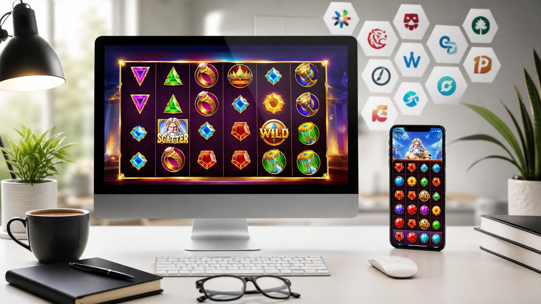 Sebuah meja kerja modern dengan komputer dan ponsel menampilkan permainan slot online berwarna-warni, dikelilingi oleh elemen kecil yang mewakili penyedia game, dengan suasana yang rapi dan profesional.