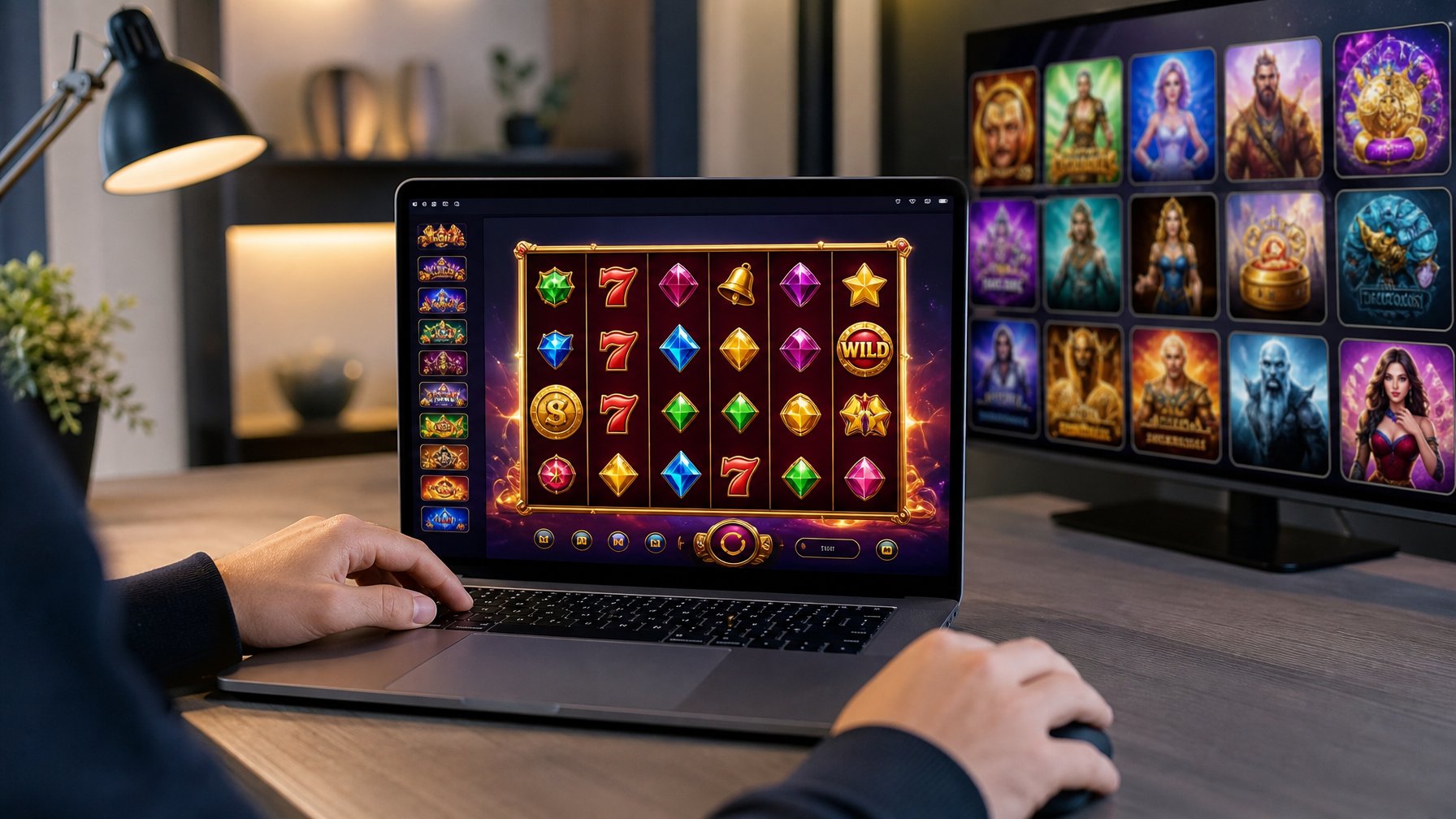Seseorang menggunakan komputer dengan layar menampilkan permainan slot online berwarna-warni, dikelilingi simbol berbagai penyedia game.