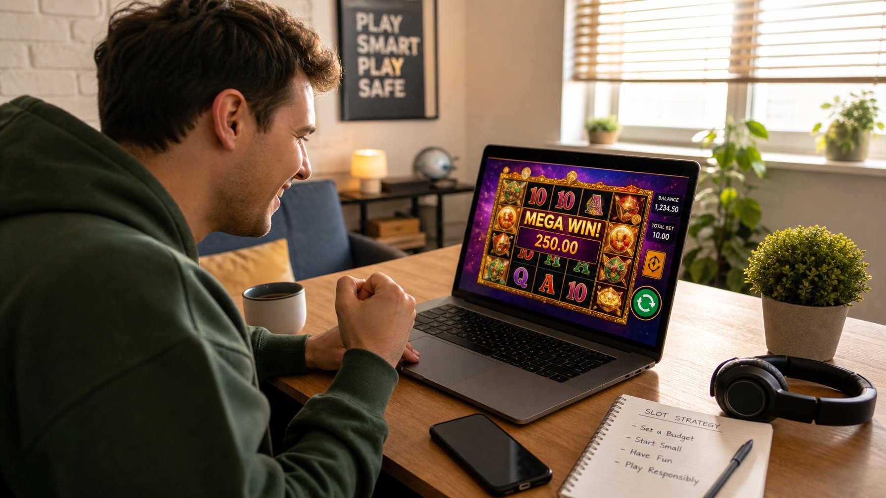 Seorang pemain pemula sedang bermain permainan slot online di laptop di dalam ruangan yang nyaman dengan cahaya alami.