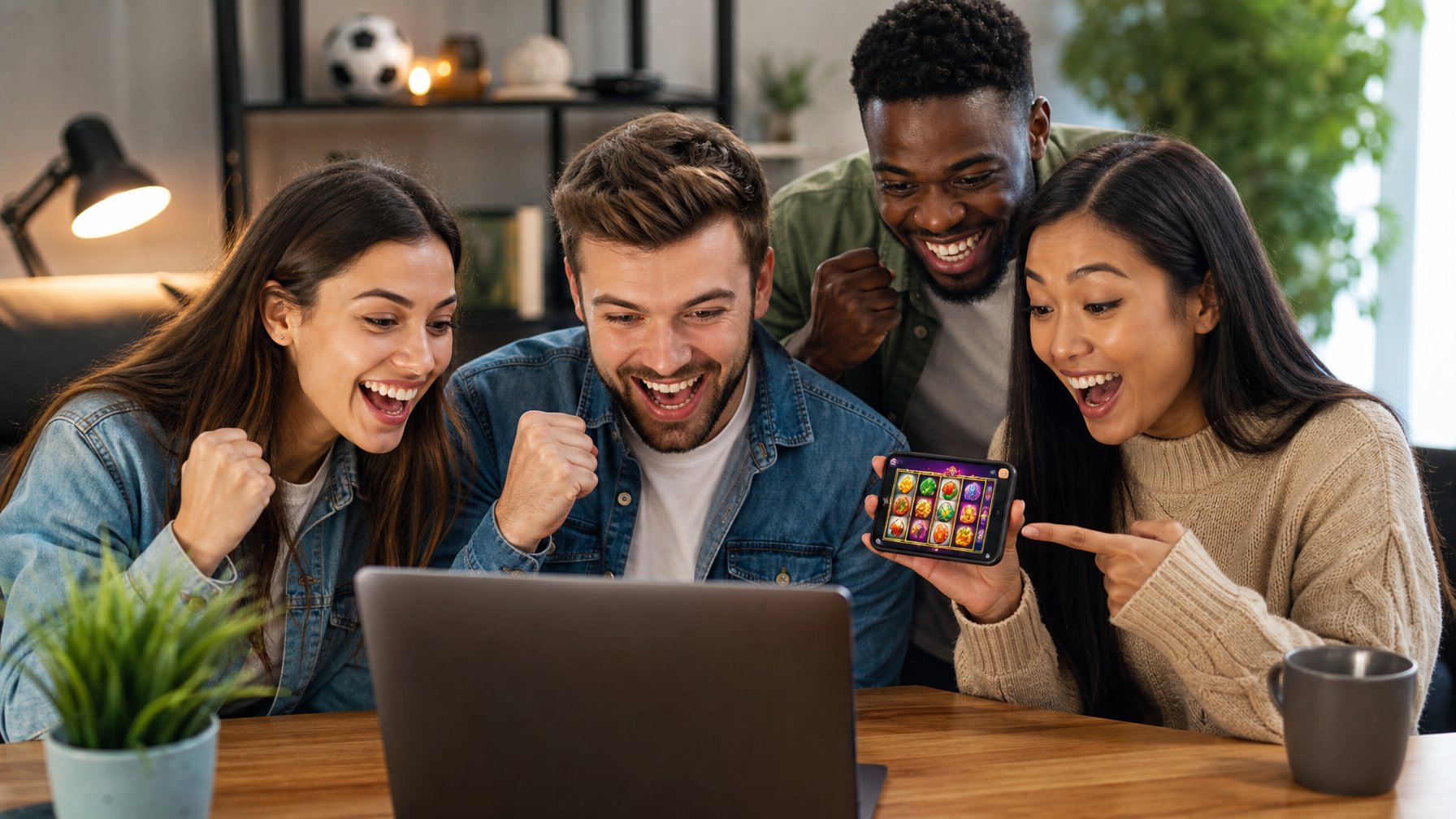 Sekelompok orang muda sedang bermain permainan slot online menggunakan laptop dan ponsel di ruang tamu yang nyaman.