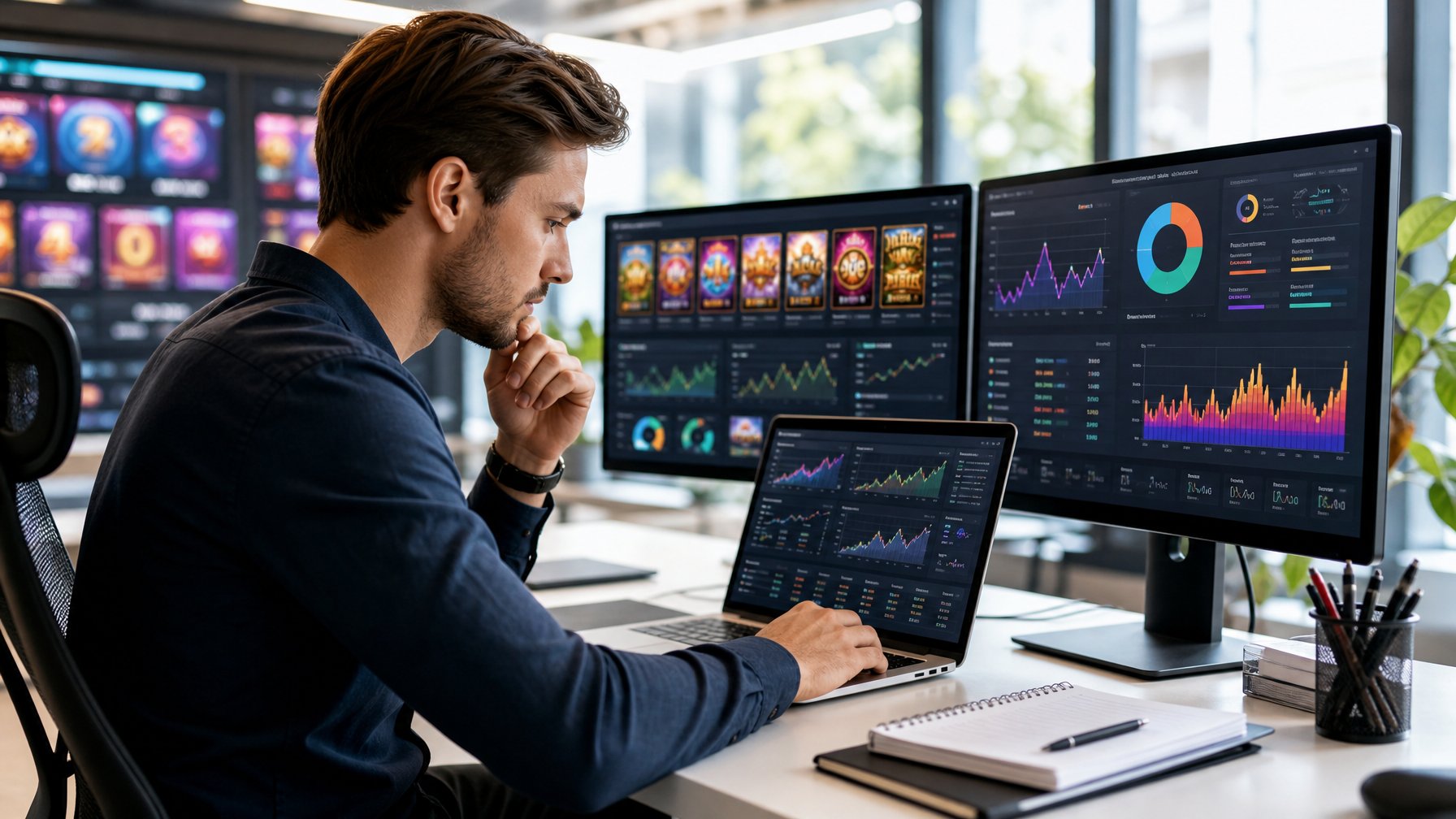 Seorang pria muda sedang menganalisis data di beberapa layar komputer di kantor modern yang terang.
