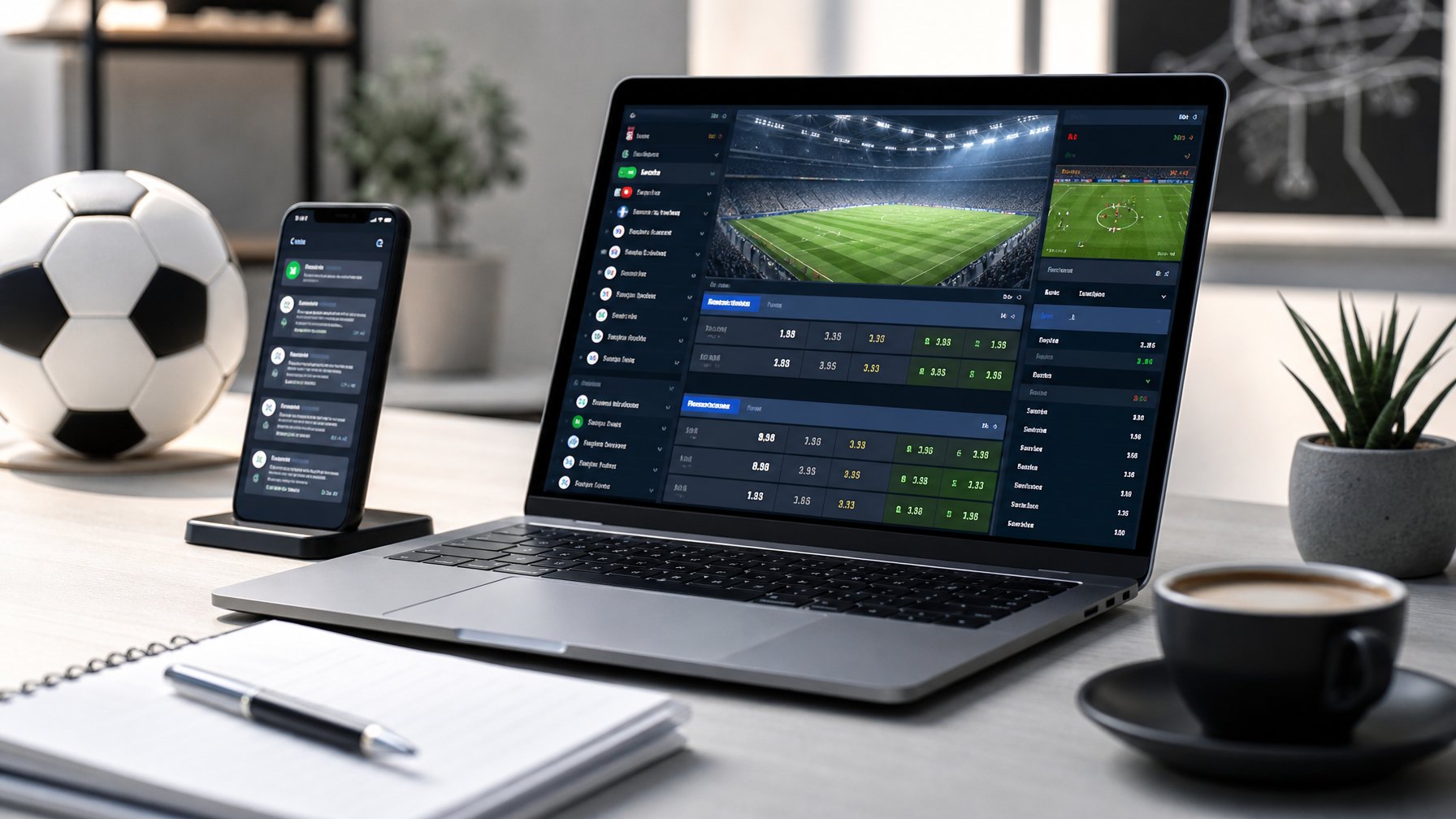 Meja kerja dengan laptop yang menampilkan antarmuka taruhan sepak bola online, bola sepak di samping, dan ponsel dengan notifikasi taruhan.