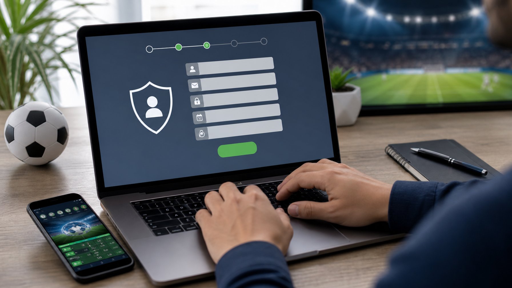 Seseorang sedang mendaftar akun judi bola online menggunakan laptop dan ponsel di meja kerja yang rapi dengan latar belakang elemen terkait sepak bola.