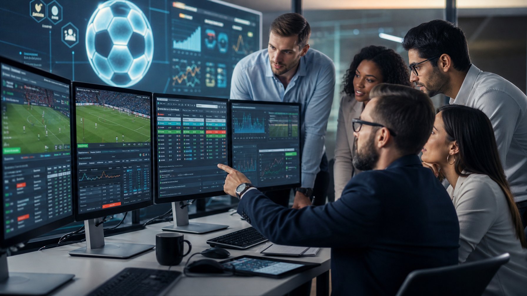 Orang-orang sedang melihat layar komputer dengan statistik pertandingan sepak bola dan peluang taruhan dalam suasana kantor modern.