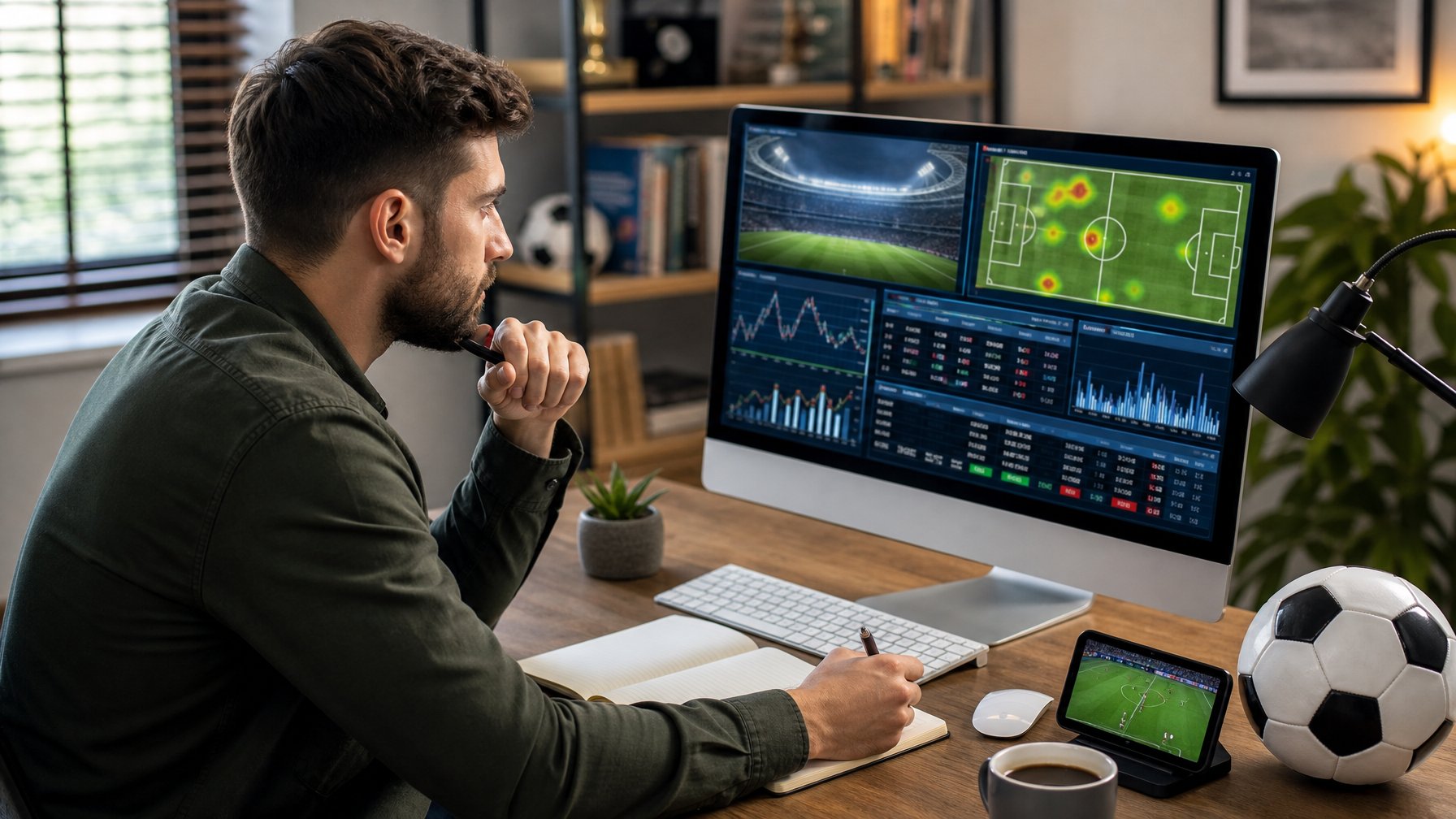 Seorang pria muda duduk di meja dengan komputer yang menampilkan statistik dan strategi taruhan bola, sambil mencatat dan fokus belajar.