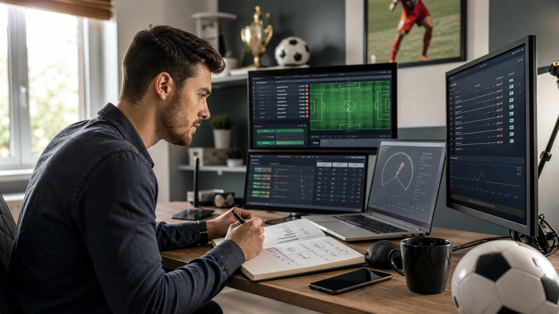 Seorang pria muda sedang duduk di meja dengan beberapa layar komputer yang menampilkan data taruhan sepak bola, sedang menganalisis strategi taruhan dengan serius di ruang kerja yang rapi.
