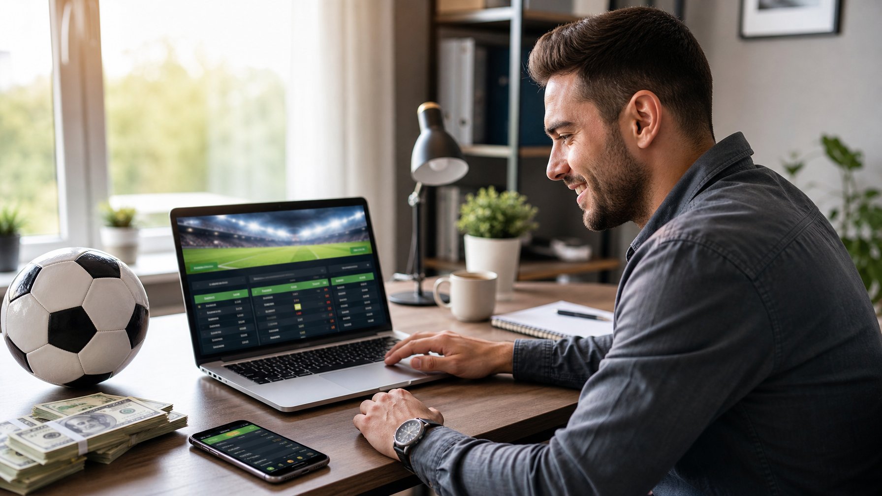Seorang pria muda tersenyum saat menggunakan laptop di meja kerja dengan bola sepak dan ponsel di sampingnya.