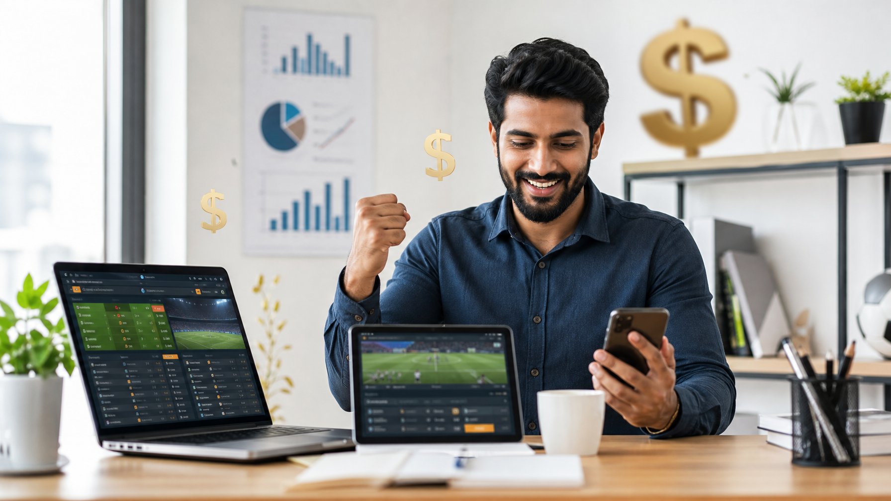 Seorang pria muda duduk di meja dengan beberapa perangkat digital yang menampilkan statistik dan peluang taruhan sepak bola, di ruang kantor yang terang dan modern.