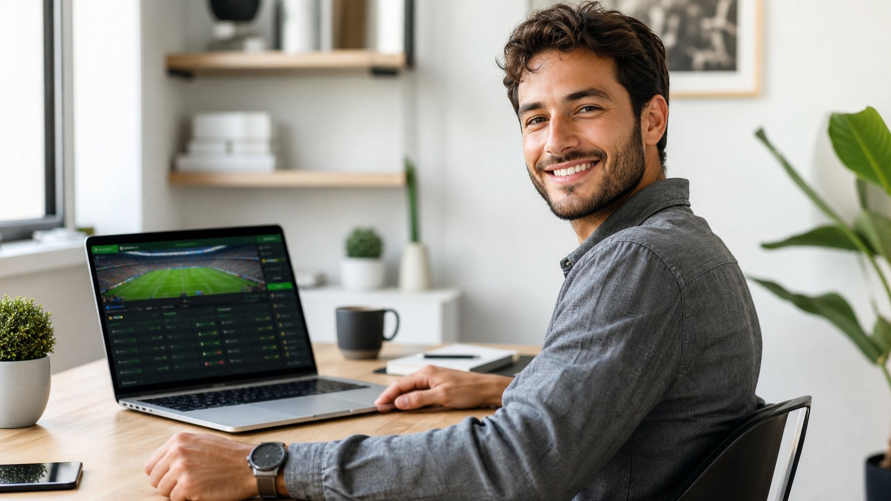 Seseorang duduk di depan laptop di ruang kerja rumah yang rapi, tersenyum dan tampak santai saat menggunakan situs taruhan bola online.