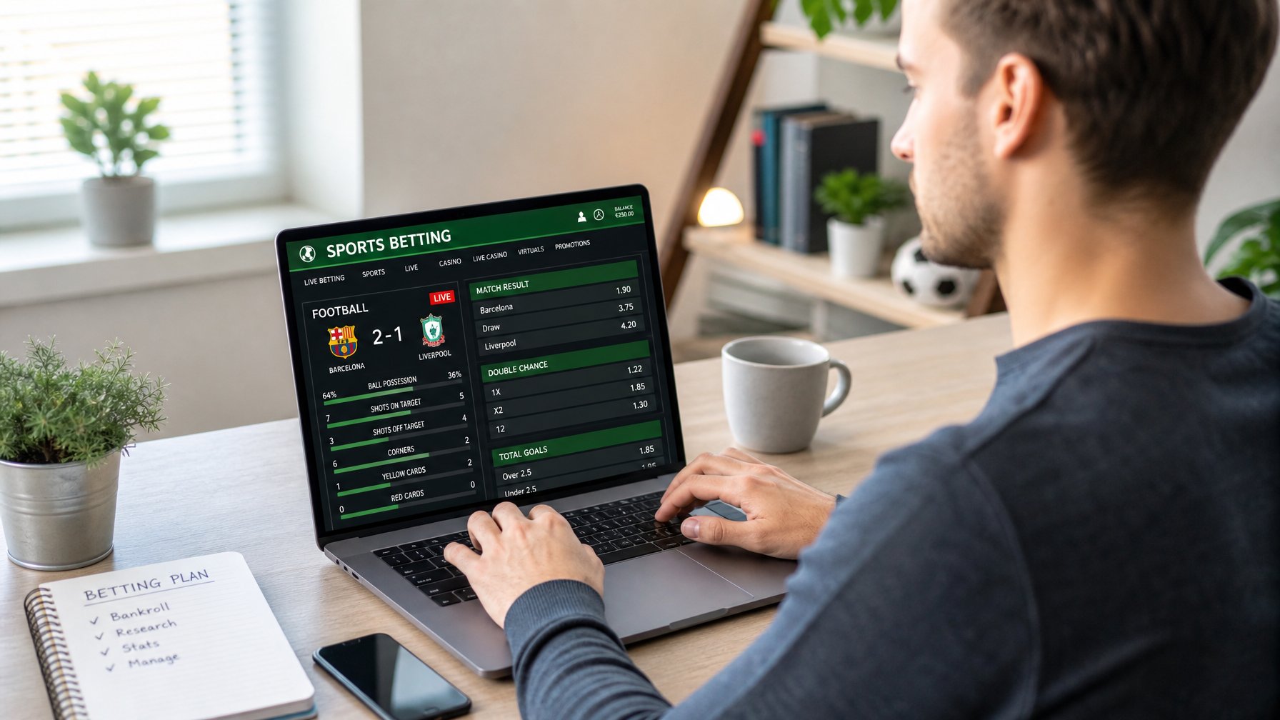 Seorang dewasa muda duduk di meja dengan laptop yang menampilkan situs taruhan sepak bola, di ruang kerja rumah yang terang dan rapi.
