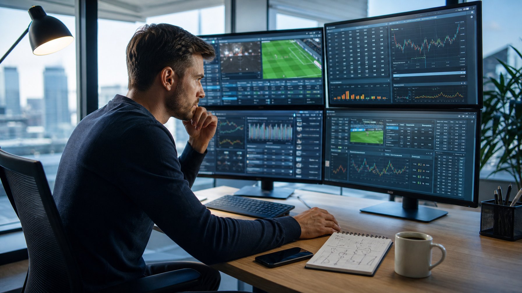 Seorang pria muda fokus duduk di meja dengan beberapa layar komputer yang menampilkan data dan statistik pertandingan sepak bola.