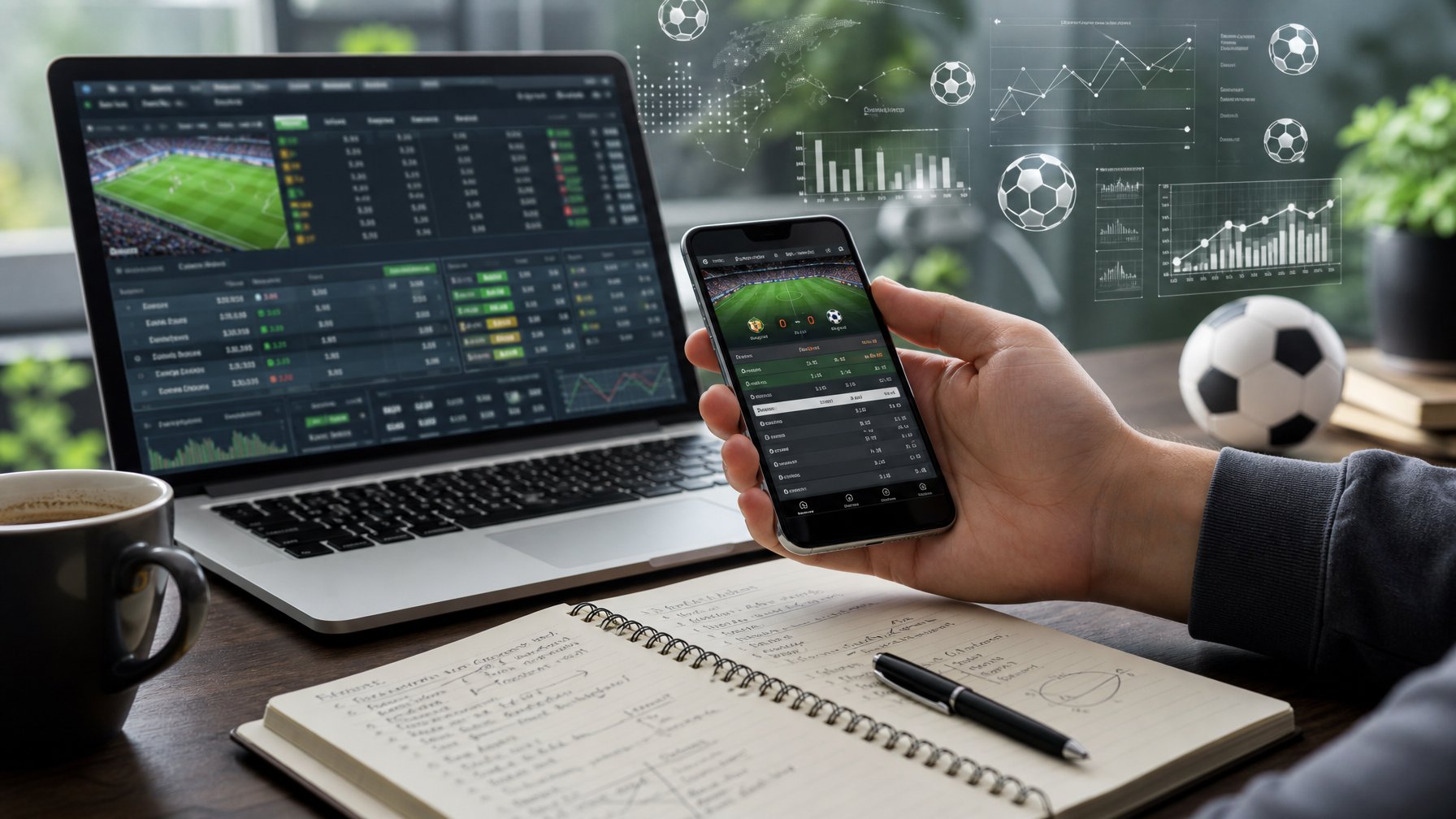Seorang pria di meja kerja dengan laptop dan ponsel menampilkan aplikasi taruhan bola online, dikelilingi catatan dan kopi.