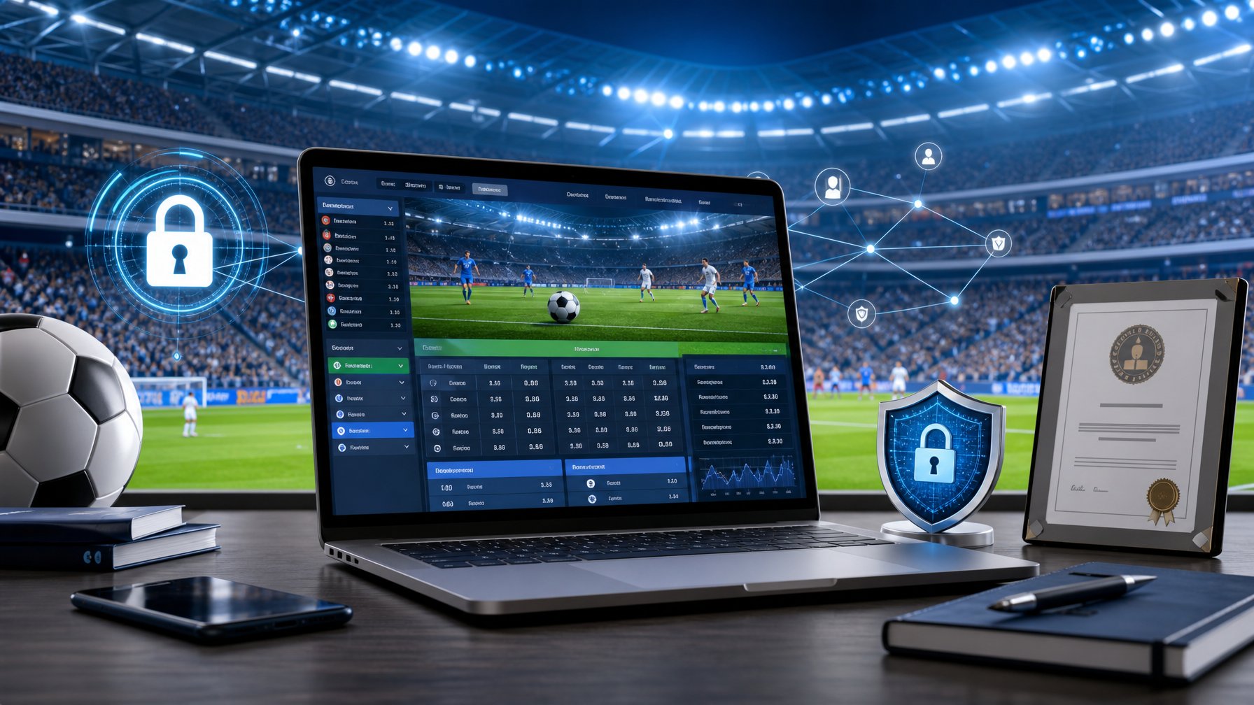 Seorang pria menggunakan laptop dengan tampilan situs judi bola online berlisensi, latar belakang stadion sepak bola penuh penonton.
