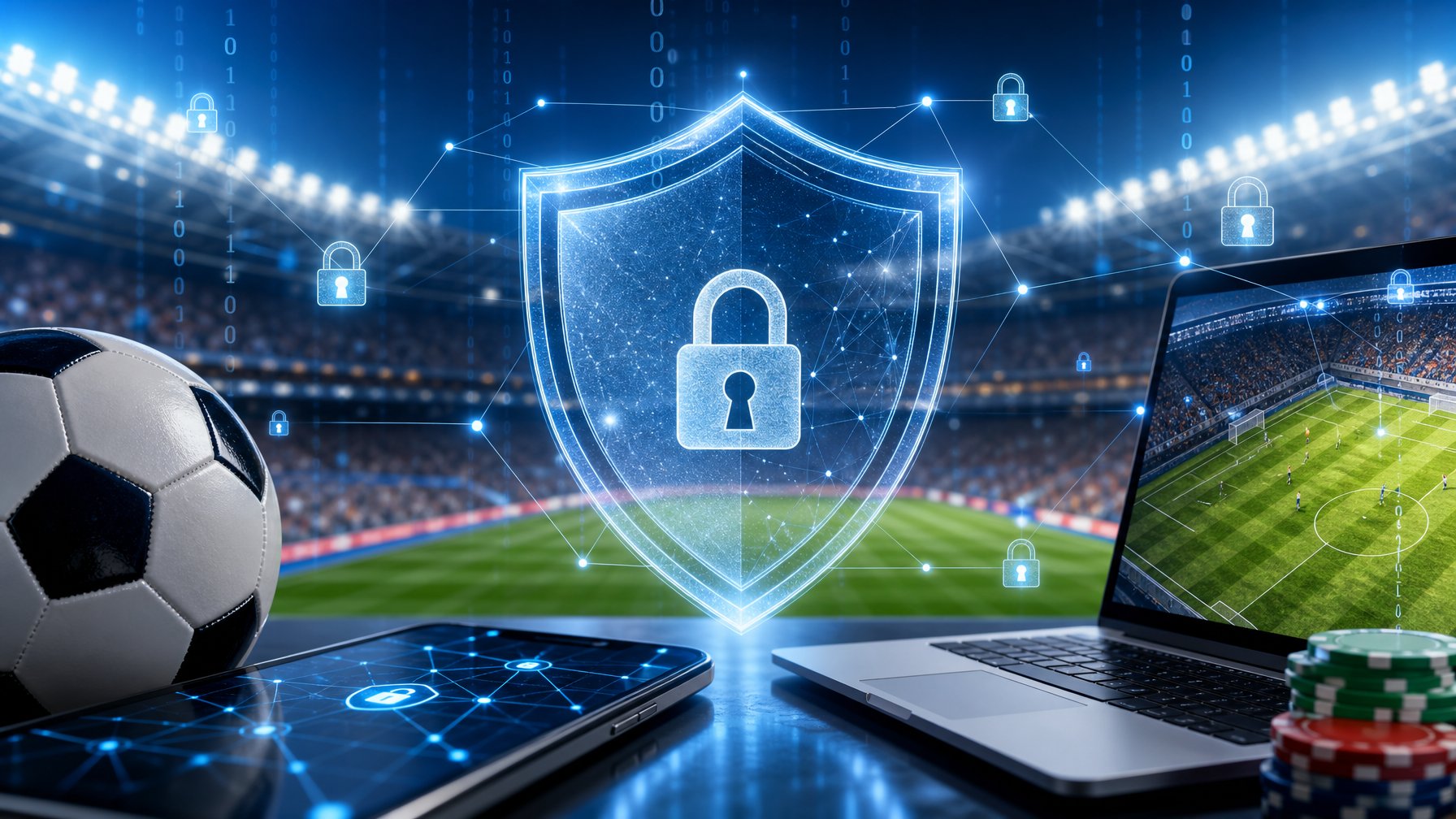 Ikon perisai transparan di depan stadion sepak bola yang penuh penonton, dengan elemen digital yang melambangkan keamanan data.