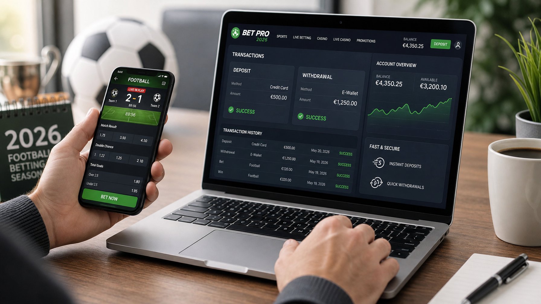 Meja kerja modern dengan laptop dan ponsel yang menampilkan aplikasi taruhan bola online dan grafik transaksi.