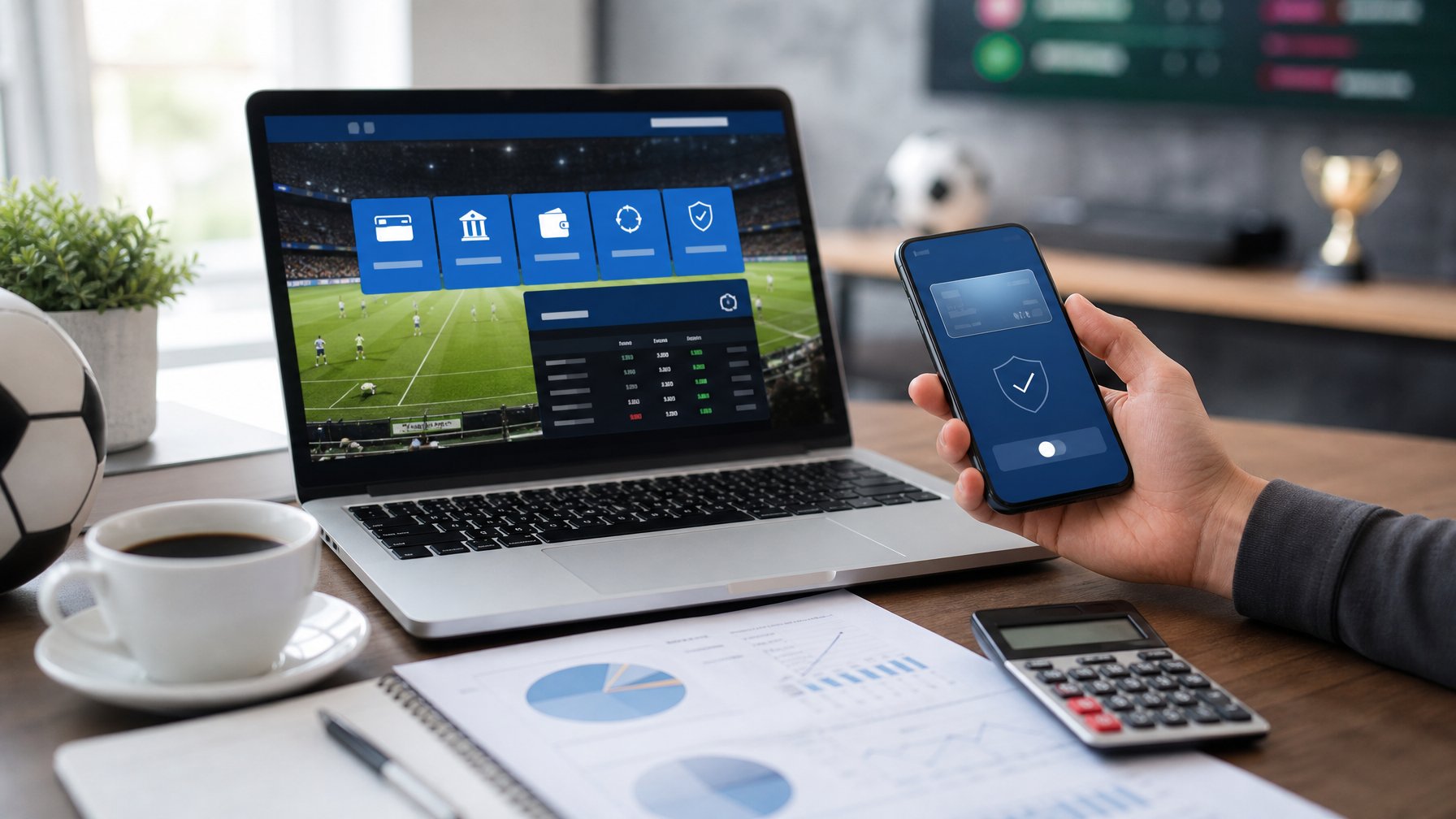 Seorang pria menggunakan laptop dan ponsel untuk melakukan transaksi deposit dan withdraw judi bola online di meja kerja dengan dokumen dan alat tulis.