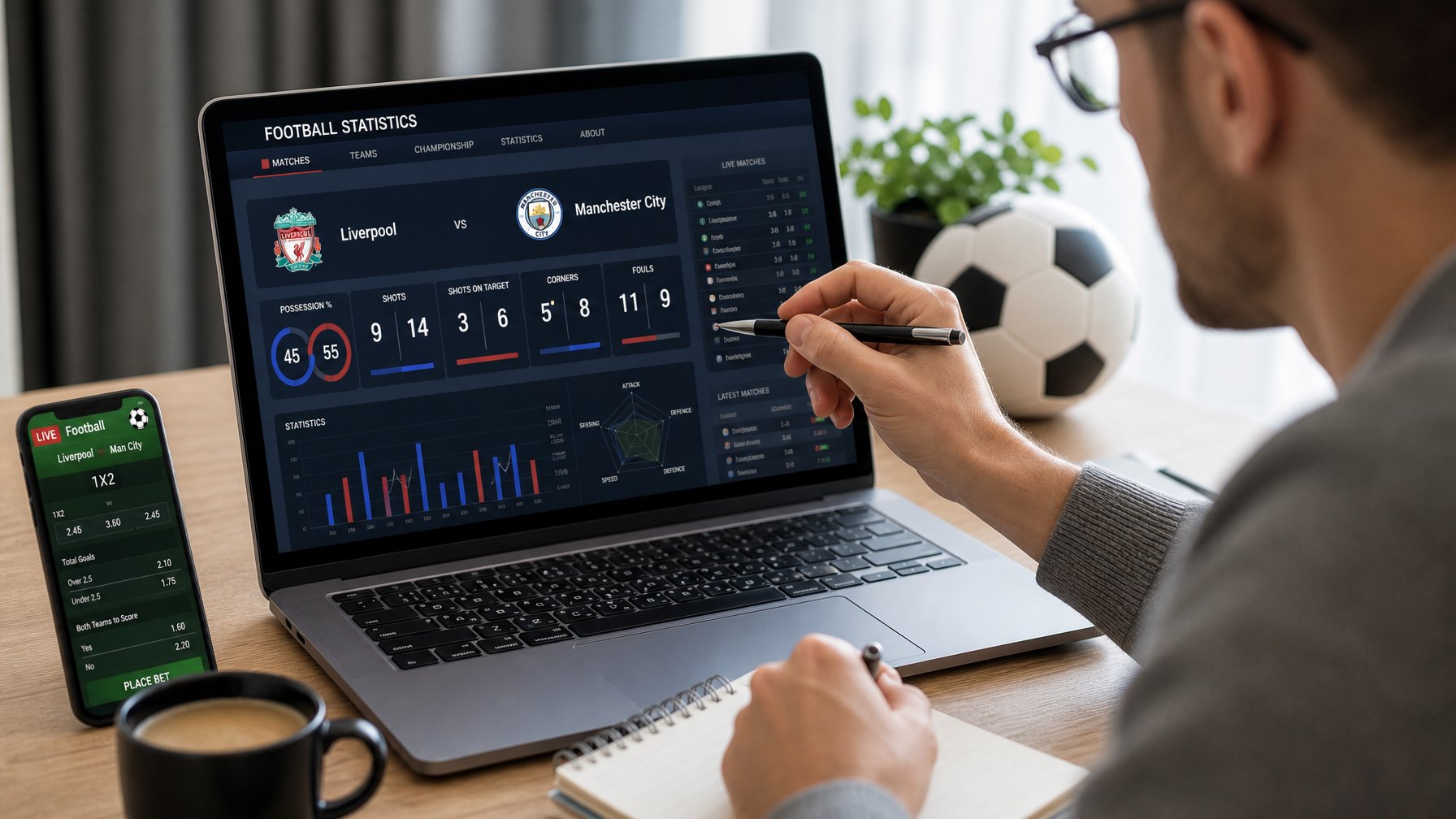 Seseorang sedang menganalisis statistik tim sepak bola di depan laptop dengan grafik dan catatan di meja kerja.