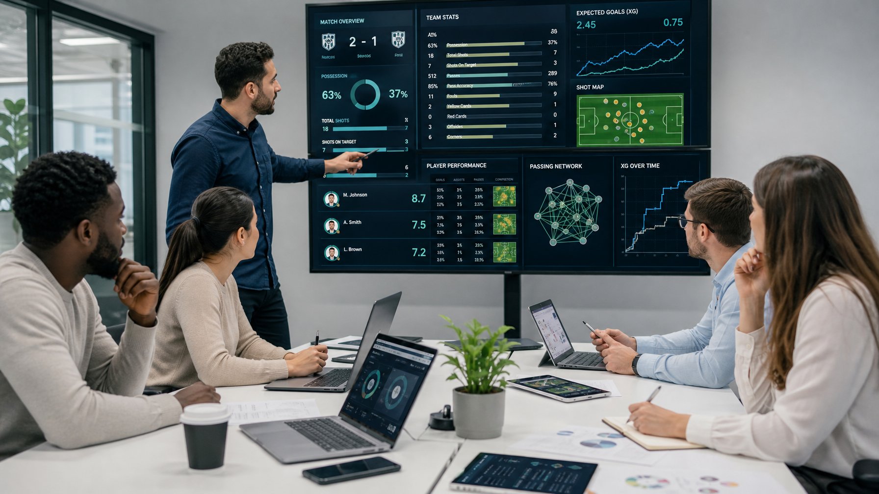 Sekelompok orang sedang menganalisis statistik tim sepak bola di kantor dengan layar dan laptop yang menampilkan grafik dan data.