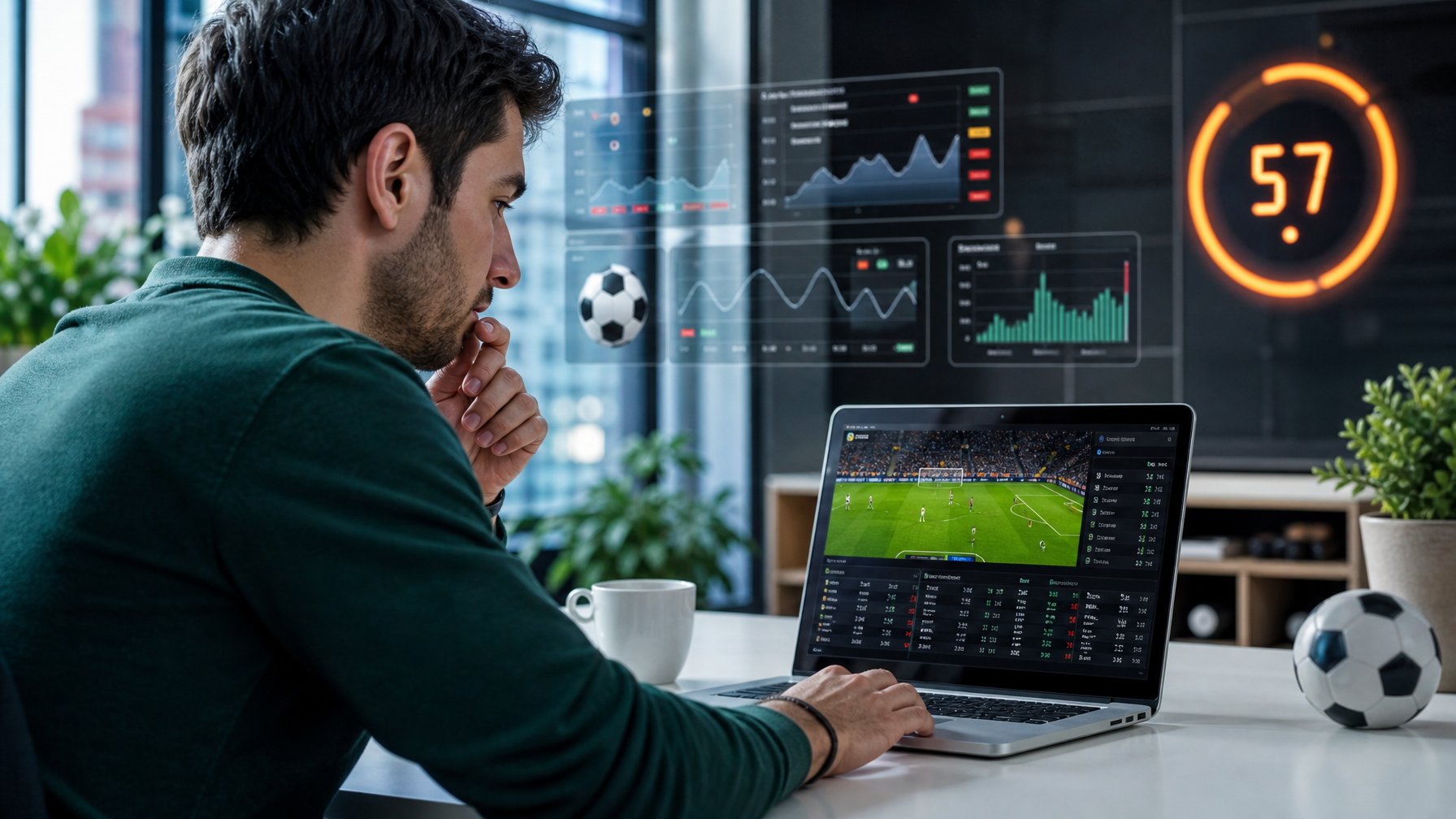 Seorang pria muda duduk di depan laptop yang menampilkan pertandingan sepak bola langsung dengan data taruhan waktu nyata.