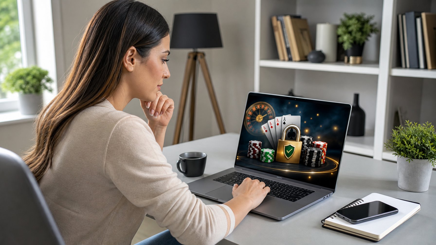 Seorang wanita muda duduk di meja kerja dengan laptop yang menampilkan situs casino online yang aman dan terpercaya.