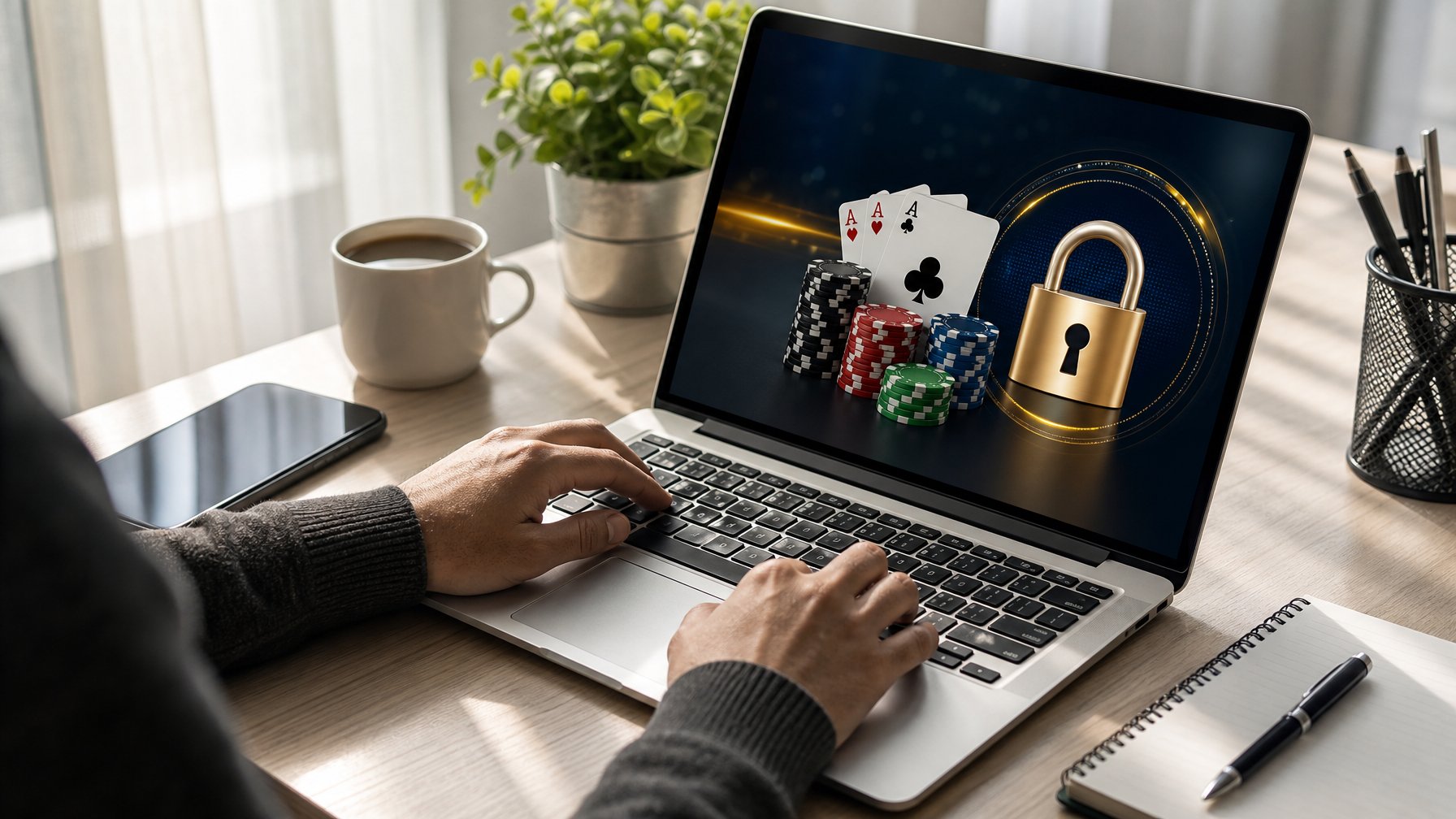 Seseorang sedang menggunakan laptop di meja kerja dengan gambar terkait kasino online dan ikon keamanan di layar.