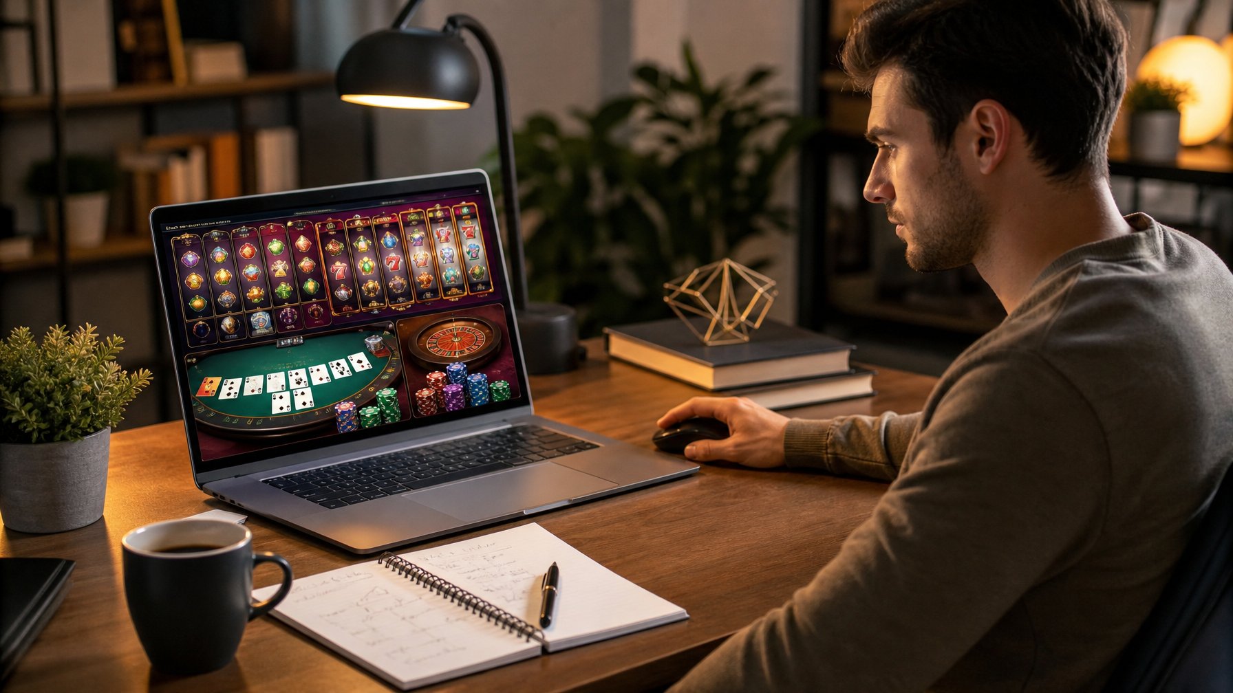 Seorang pemula sedang bermain permainan kasino online di laptop di meja kerja dengan suasana nyaman dan fokus.