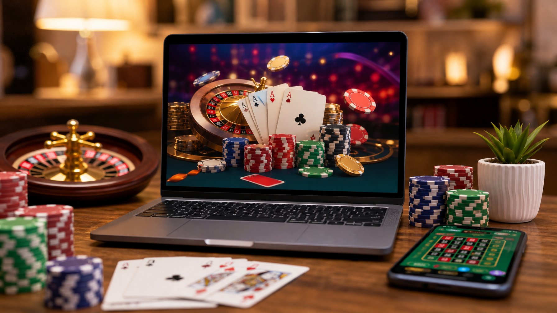 Sebuah laptop dengan tampilan permainan casino online, dikelilingi oleh chip poker dan kartu remi di atas meja.