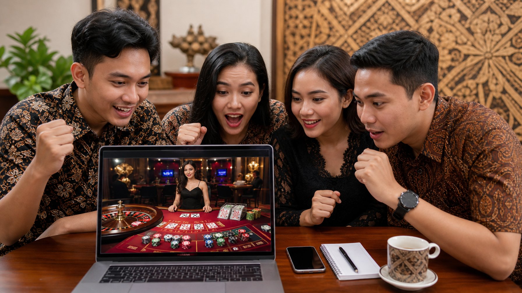 Beberapa orang muda sedang bermain permainan kasino langsung secara online di depan komputer dengan latar belakang elemen budaya Indonesia.