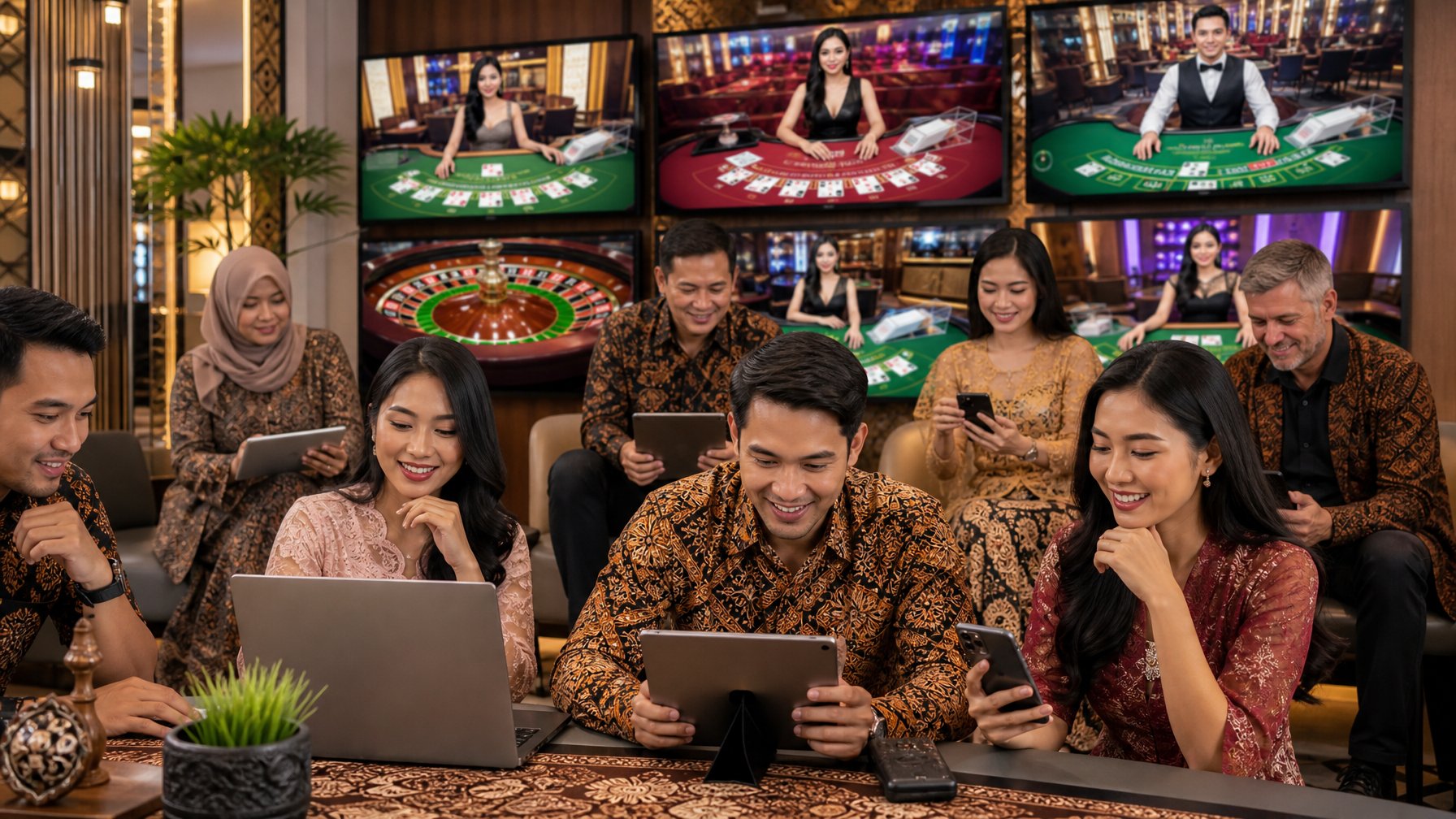 Beberapa orang sedang bermain permainan live casino online di perangkat digital dalam ruangan modern dengan layar dealer langsung dan meja permainan.