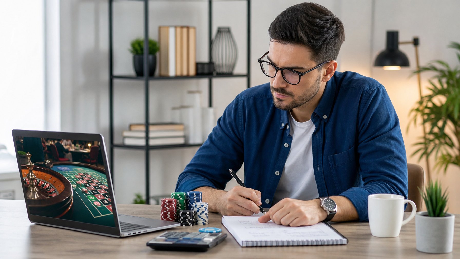 Seorang pria muda duduk di meja dengan laptop terbuka dan tumpukan chip poker, mengatur modal dengan serius di ruang kerja yang terang.