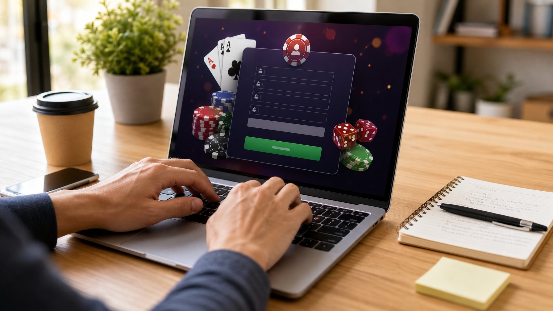 Seseorang sedang mengetik di laptop untuk mendaftar akun di situs casino online dengan cepat di meja kerja yang rapi.