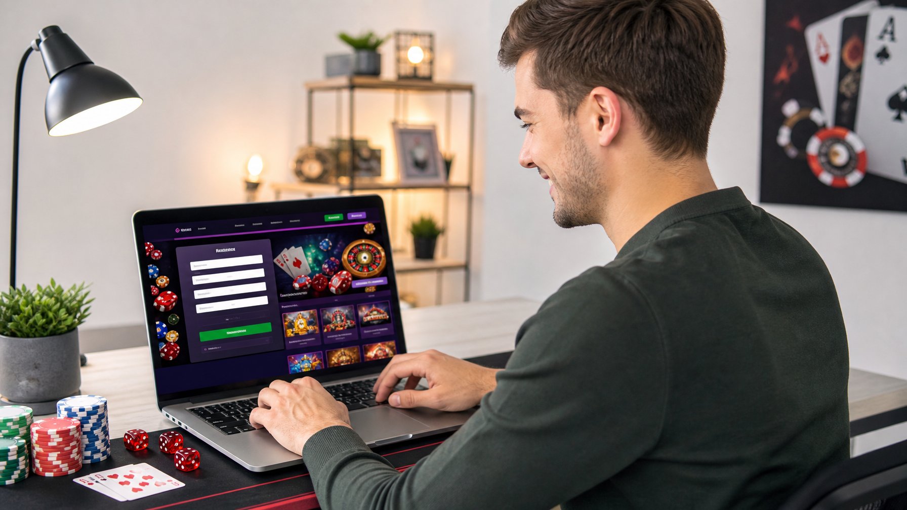 Seseorang sedang duduk di depan laptop dengan tampilan situs casino online, mengetik untuk membuat akun baru di ruang kerja yang rapi.