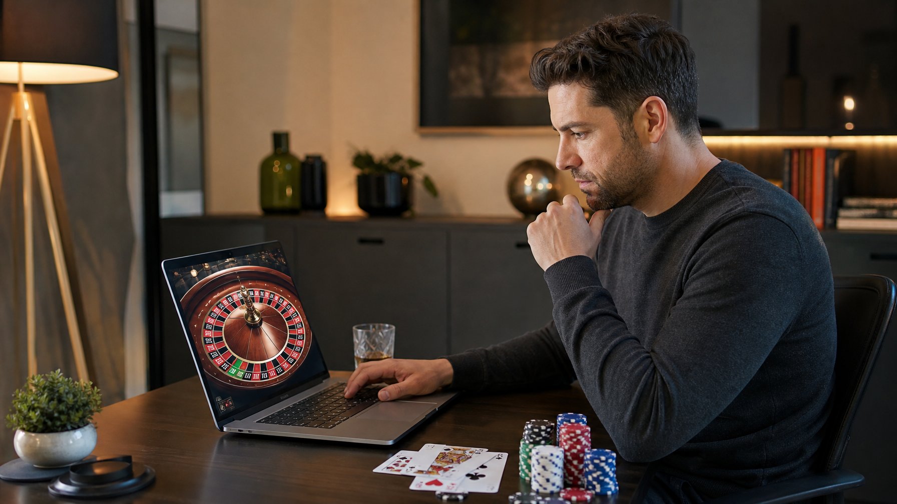 Seseorang yang serius bermain casino online di laptop dengan suasana ruangan yang modern dan pencahayaan terang.