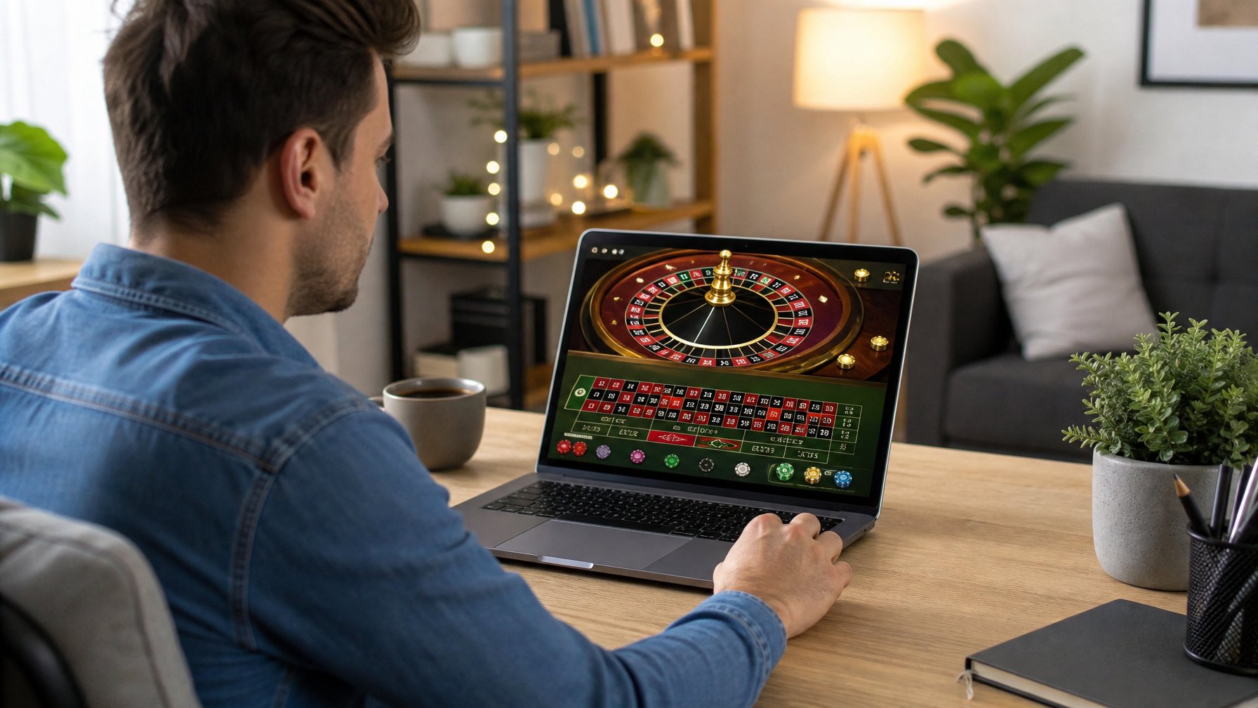 Seorang pemula bermain roulette online dengan fokus di depan laptop di ruang tamu yang nyaman.