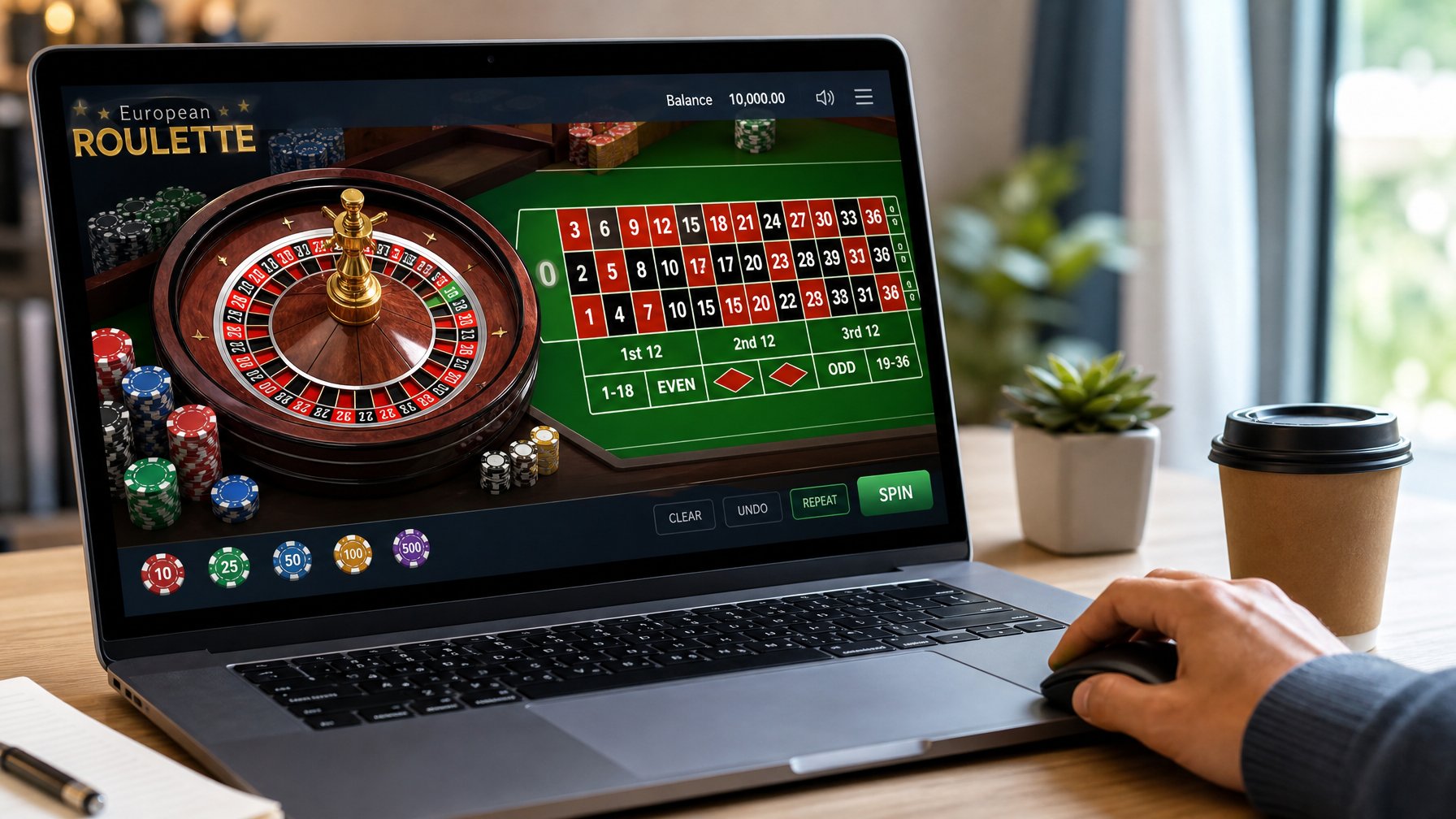 Seseorang sedang bermain roulette online di komputer dengan tampilan roda roulette dan chip warna-warni di layar.