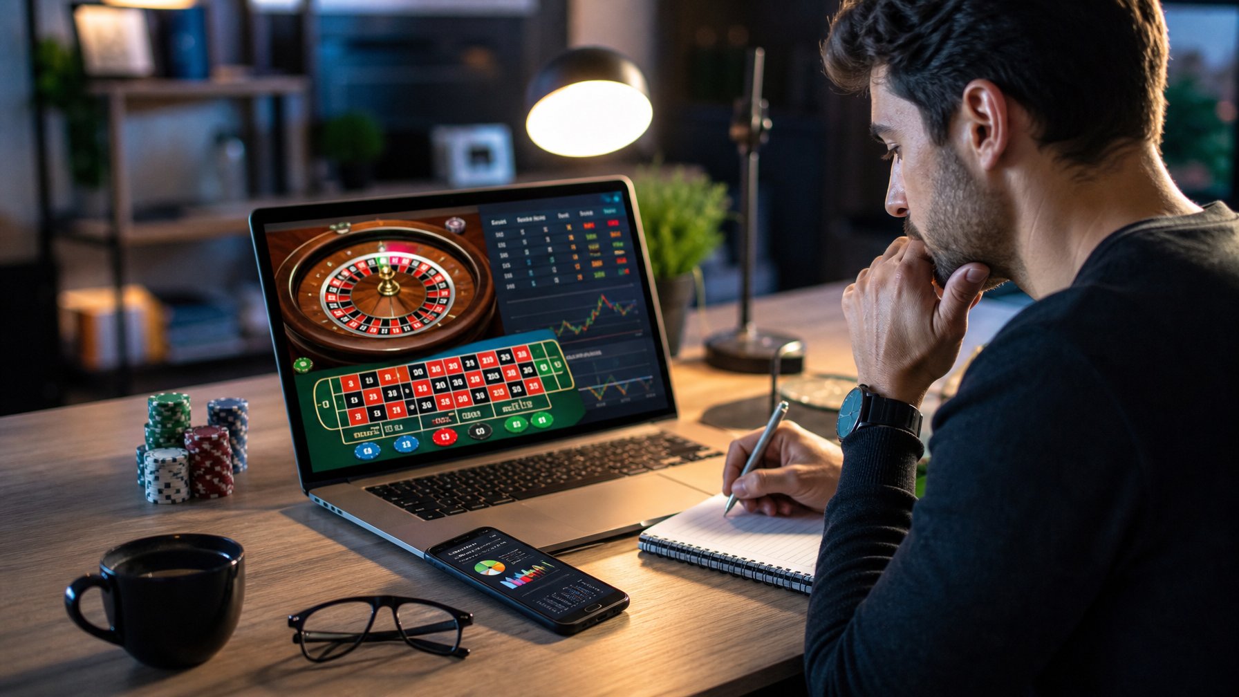 Seseorang sedang fokus bermain roulette online dengan komputer dan catatan di meja.