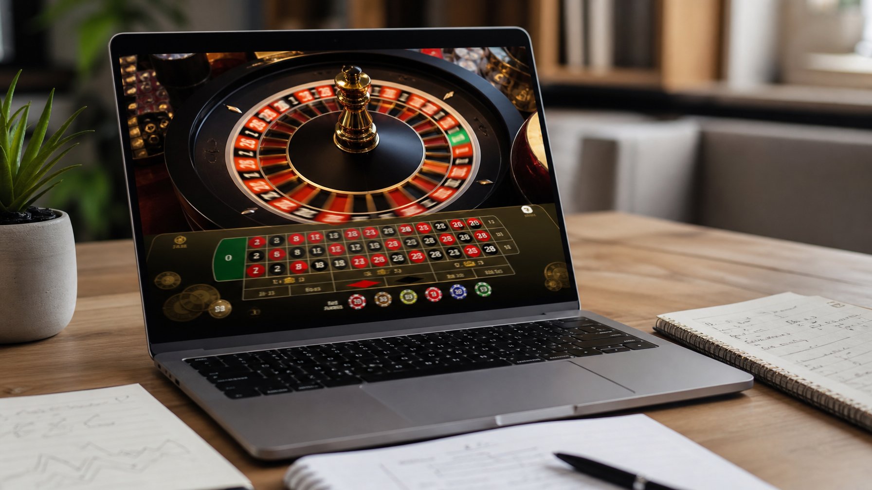 Seorang pengguna sedang belajar pola roulette online dengan laptop di atas meja kayu, dikelilingi oleh catatan dan pena.