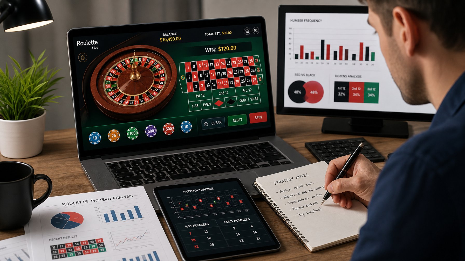 Seorang pria fokus melihat layar komputer yang menampilkan permainan roulette online dengan roda roulette dan meja taruhan yang terlihat jelas.