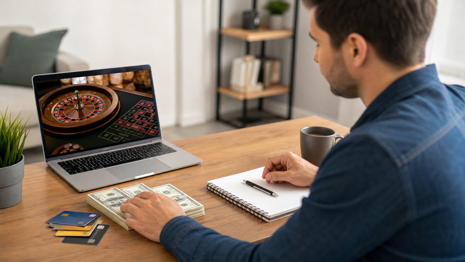 Seseorang duduk di depan laptop yang menampilkan permainan roulette online dengan uang dan buku catatan di meja.