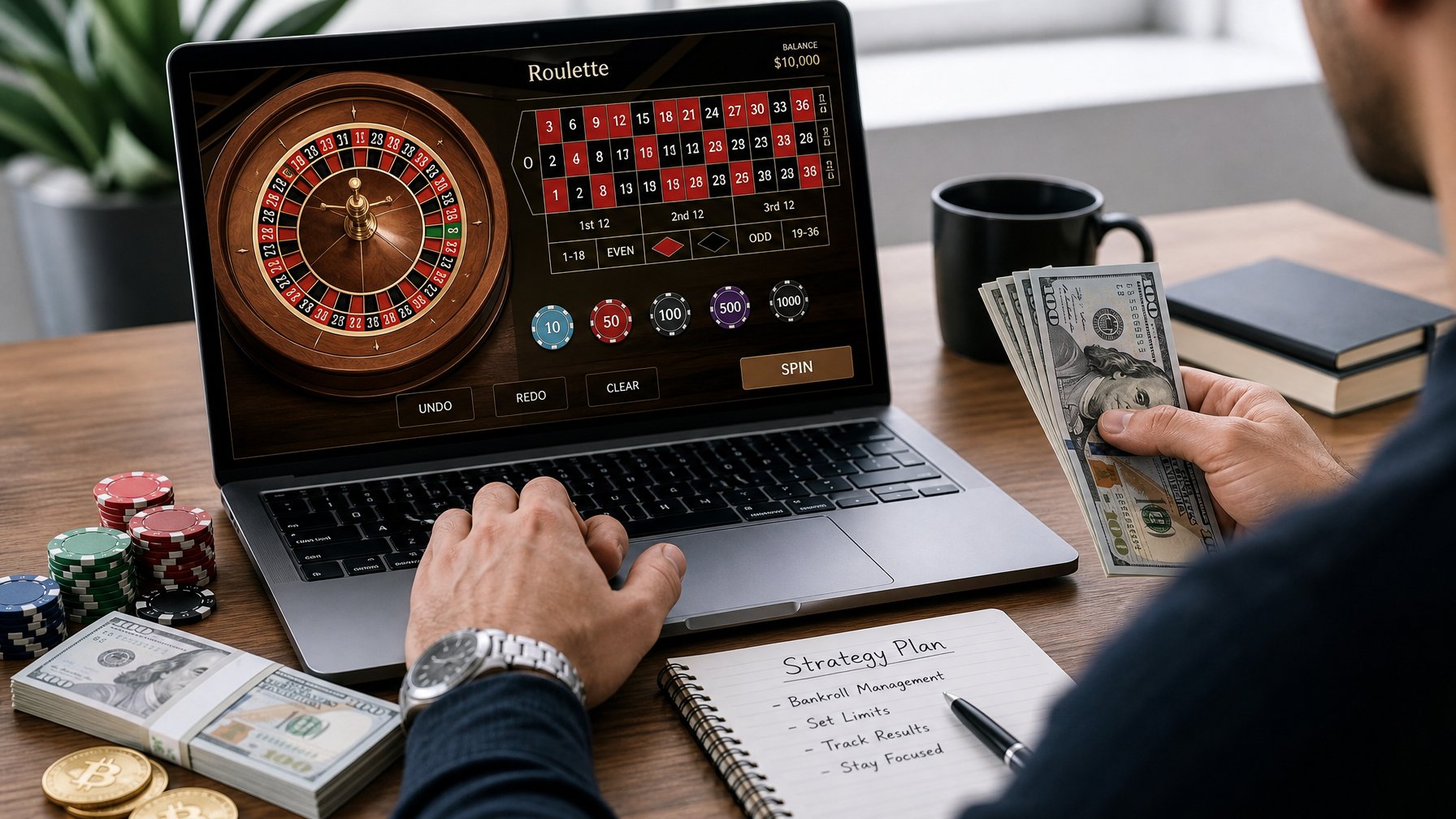 Seseorang sedang mengelola uang dan bermain roulette online di laptop di meja kerja dengan tumpukan uang dan alat tulis.