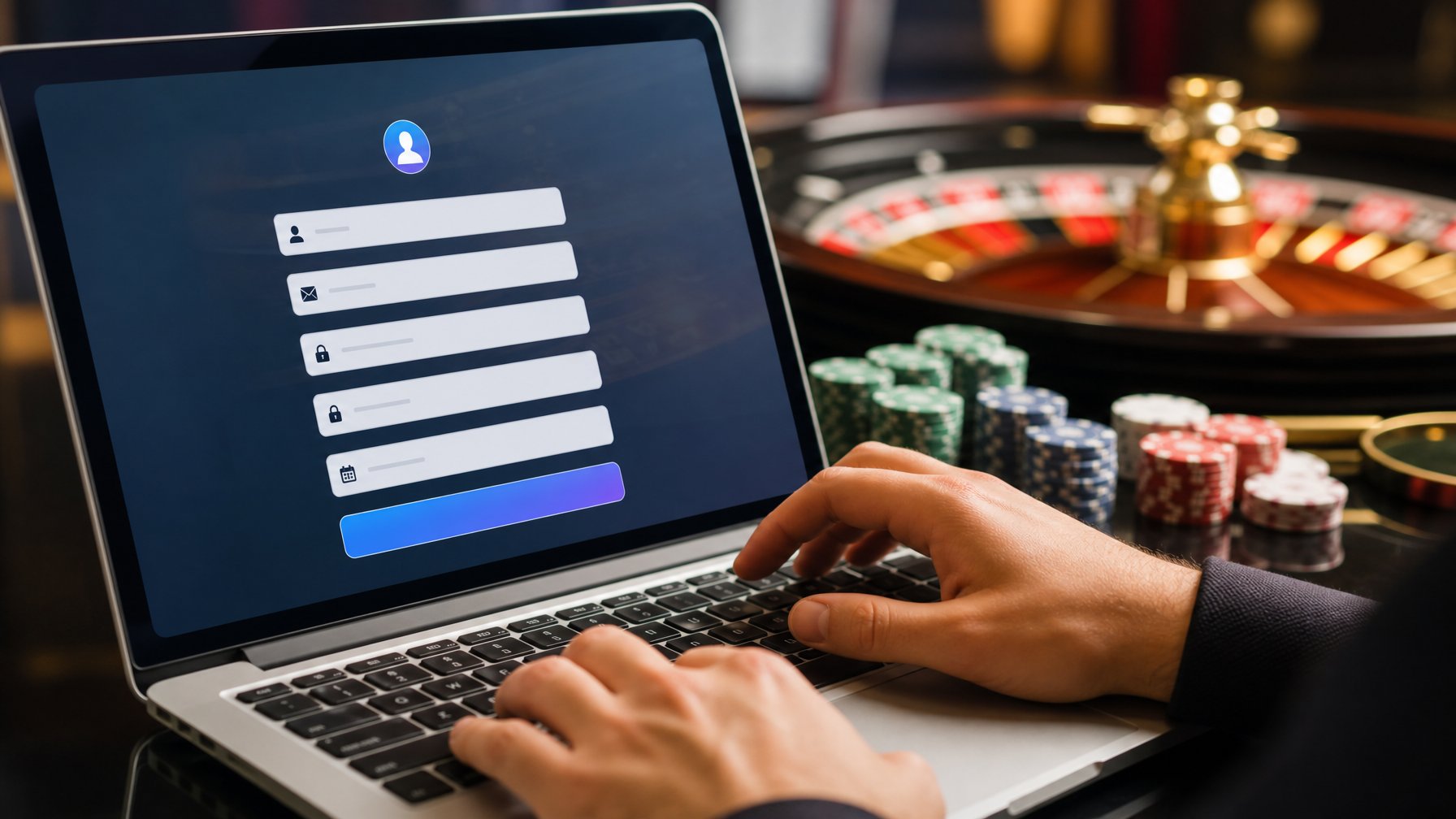 Seseorang sedang menggunakan ponsel untuk mendaftar akun roulette online dengan latar belakang roda roulette dan chip kasino.