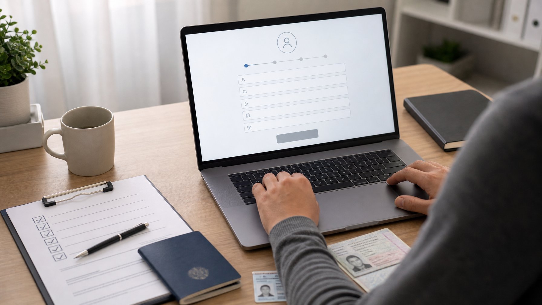Seseorang sedang mendaftar akun roulette online resmi di depan laptop dengan dokumen dan identitas yang tertata di meja.