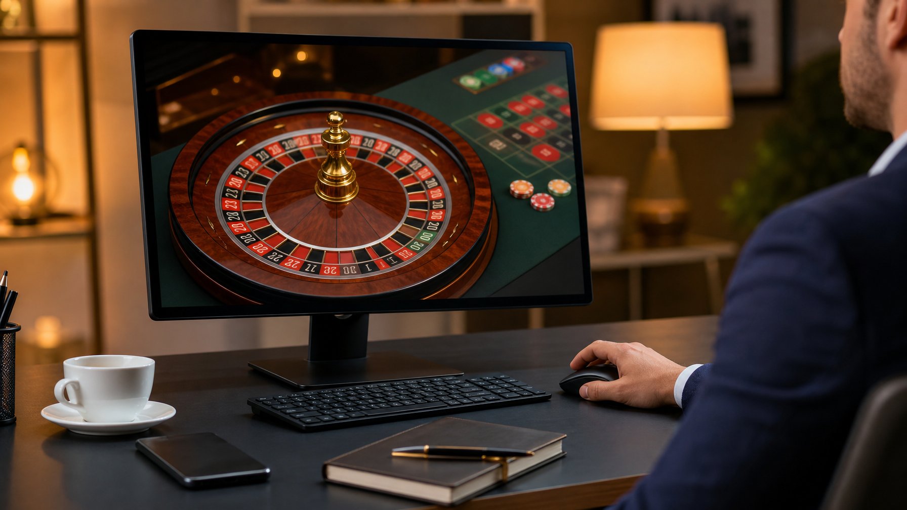 Seseorang bermain roulette online di depan komputer dengan suasana ruangan yang nyaman dan profesional.