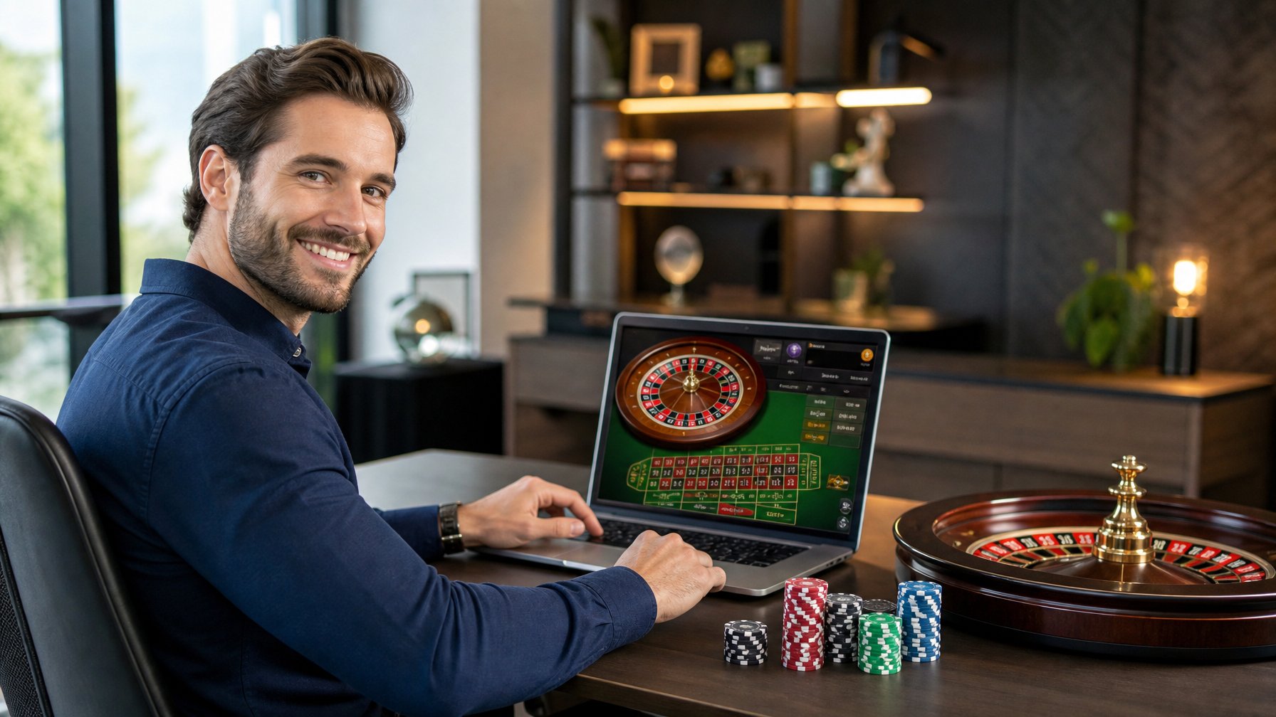 Seorang pria duduk di depan laptop yang menampilkan permainan roulette online dengan roda roulette dan chip di meja.